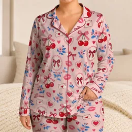 Sweet Cherry Hearts and Ribbon Bows for Cozy Autumn Lounging and Thoughtful Gifts for Women Satin Pajamas Set