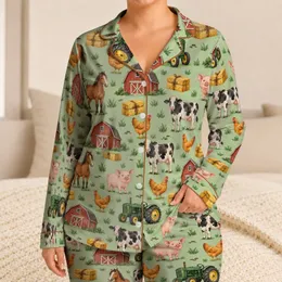 Green Farm Animals and Tractor for Cozy Country Living and Little Farm Helper Gifts Satin Pajamas Set