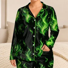 Emerald Green Flame Motifs for Bold Summer Beachside Relaxation and Coastal Getaways Satin Pajamas Set