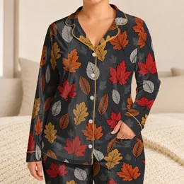 Hand-Drawn Autumn Leaves for Cozy Fall Evenings and Relaxed Home Lounging Satin Pajamas Set