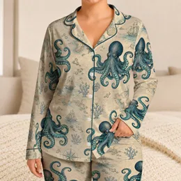 Vintage Octopus And Antique Nautical Maps For Coastal Vacation Style Satin Pajamas Set
