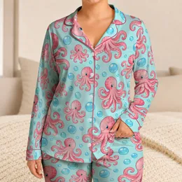 Pink Octopus and Blue Bubbles for Relaxed Coastal Getaways and Summer Beach Days Satin Pajamas Set