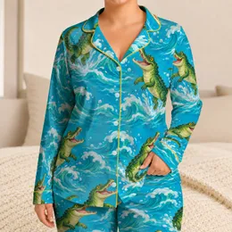 Green Crocodiles Leaping Over Waves for Bright Summer Beach Style Satin Pajamas Set
