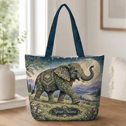 Moonlit Elephant and Mountain Meadow for Bohemian Nature Lovers and Birthday Gifting Quilted Tote Bag