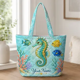 Colorful Seahorse and Tropical Fish for Coastal Holidays, Beach Days and Ocean Lovers Quilted Tote Bag