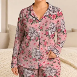 Blush Roses And Tiger Cubs For Valentine Romance And Cozy Evenings At Home For Her Satin Pajamas Set