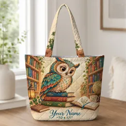 Colorful Owl Reading Among Books, Book Lover Birthday Gift for Women and Nature Fans Quilted Tote Bag