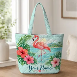 Pink Flamingo Hibiscus Beach Scene for Summer Getaways and Tropical Vacation Lovers Quilted Tote Bag