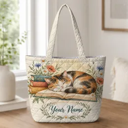 Sleeping Calico Cat Among Books and Wildflowers for Cozy Reading Days and Cat Lovers Quilted Tote Bag