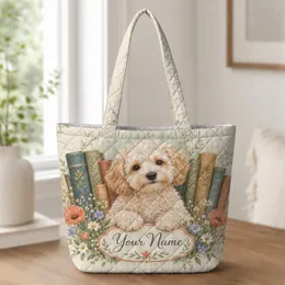 Fluffy Dog With Vintage Books And Wildflowers For Book Lovers Quilted Tote Bag