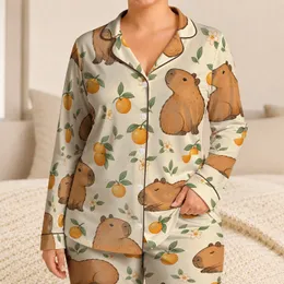Charming Capybara And Orange Fruit Motifs For Cozy Summer Nights For Kids Satin Pajamas Set