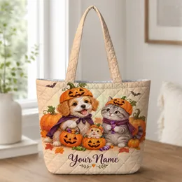 Pumpkin-Hatted Dog, Cat and Hamster for Cozy Halloween Trick-or-Treating Gifts Quilted Tote Bag