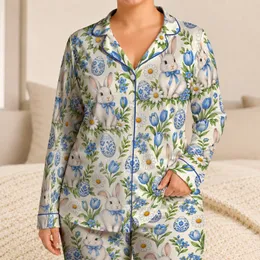 Easter Bunnies, Blue Floral Eggs and Spring Blooms for Children's Holiday Celebrations Satin Pajamas Set