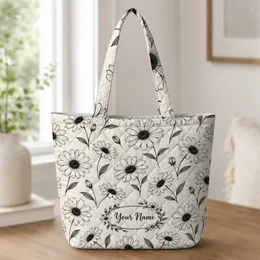 Monochrome Daisy Botanicals for Farmers Market Errands and Everyday Carry Gift Quilted Tote Bag