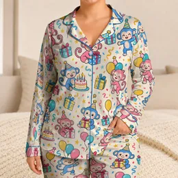 Cute Monkey Birthday Cake and Balloon Celebration for Cheerful Birthday Gift Giving Satin Pajamas Set