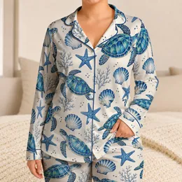 Blue Sea Turtles, Shells And Starfish For A Playful Summer Coastal Escape For Kids Satin Pajamas Set
