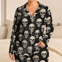 Ivory Skull Motifs for Moody Halloween Evenings and Cozy At-Home Lounging for Adults Satin Pajamas Set