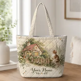 Cottagecore Cat Beside Garden Cottage and Wildflowers for Cozy Gift Giving and Women Quilted Tote Bag