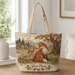 Woodland Fox and Fawn Forest Scene for Cottagecore Fall Nature Lovers Quilted Tote Bag