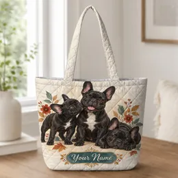 French Bulldog Trio for Cozy Autumn Outings and Thoughtful Gifts for Dog Lovers Quilted Tote Bag