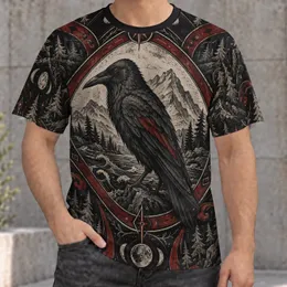 Raven Totem, Mountain Pines & Vintage Folk Style for Outdoor Heritage Enthusiasts All-over Print Unisex T-shirt
