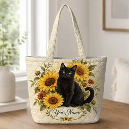 Black Cat with Golden Sunflowers for Autumn Garden Days and Cat Lover Gifts for Her Quilted Tote Bag