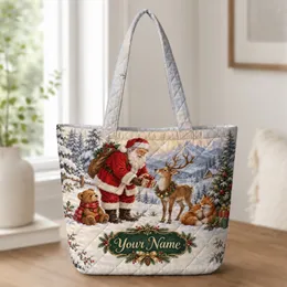Santa and Woodland Friends Sharing Christmas Gifts for Cozy Winter Holiday Giving Together Quilted Tote Bag