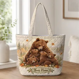 Woodland Bear Family with Autumn Leaves for Cozy Nature-Loving Days and Bear Lovers Quilted Tote Bag