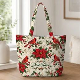 Red Cardinal And Poinsettia Christmas Holiday Keepsake For Winter Bird Lovers Quilted Tote Bag