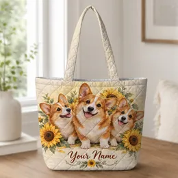 Three Corgis Among Golden Sunflowers for Cozy Autumn Garden Days and Gifts for Dog Lovers Quilted Tote Bag