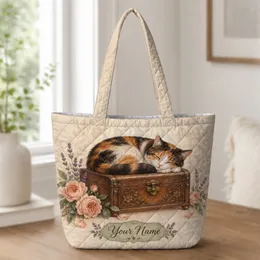 Sleeping Calico Cat Among Vintage Roses for Cozy Everyday Style and Cat Lover Gifts Quilted Tote Bag