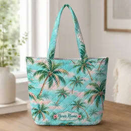 Turquoise Palm Tree Beach Escape for Sunny Summer Travel and Relaxed Coastal Getaways Quilted Tote Bag