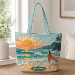 Vintage Sunset Surfer and Tropical Waves for Beach Days and Coastal Getaways Quilted Tote Bag