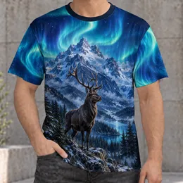 Northern Lights Stag And Snowy Mountains For Cozy Winter Nights All-over Print Unisex T-shirt