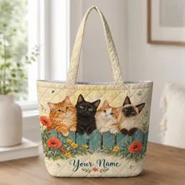 Four Colorful Garden Cats Among Poppies for Everyday Market Days and Gifts for Cat Lovers Quilted Tote Bag