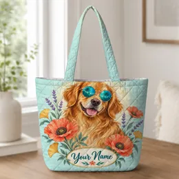 Golden Retriever with Poppies for Summer Garden Days and Gifts for Dog Lovers Quilted Tote Bag