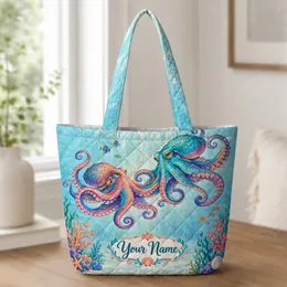 Colorful Octopus Couple Undersea Scene for Coastal Vacation Gifts and Beach Days Quilted Tote Bag