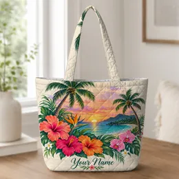 Tropical Sunset Palms And Hibiscus For Island Beach Getaways And Summer Travel Lovers Quilted Tote Bag
