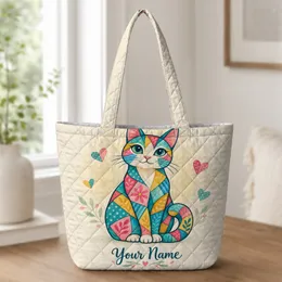 Colorful Mosaic Cat With Floral Accents for Everyday Style and Gifts for Cat Lovers Quilted Tote Bag