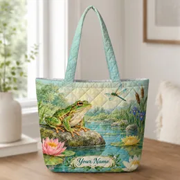 Green Frog And Dragonfly Pond Garden Gift For Nature Lovers Quilted Tote Bag