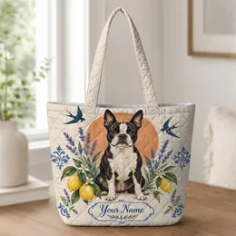 Boston Terrier Lemon Lavender Garden for Mediterranean Summer Style and Dog Lovers Quilted Tote Bag