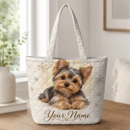 Sweet Yorkie Puppy with Winter Snowflakes for Cozy Holiday Gifting and Dog Lovers Quilted Tote Bag