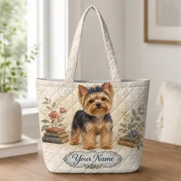 Yorkshire Terrier with Blue Bow for Reading Nooks and Dog Moms, Thoughtful Gift Idea Quilted Tote Bag
