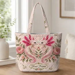 Pink Axolotl Pair With Floral Details for Cottagecore Nature Lovers Quilted Tote Bag