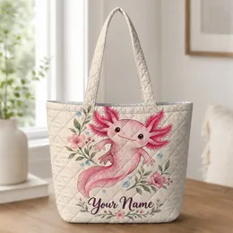 Pink Axolotl and Wildflowers for Whimsigoth Cottagecore Gifts and Amphibian Lovers Gift Quilted Tote Bag