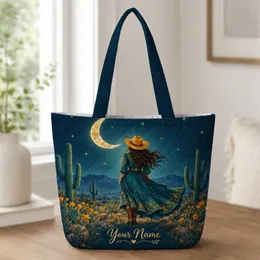 Crescent Moon Cowgirl Desert Scene for Western Country Nights and Boho Style Quilted Tote Bag