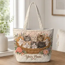 Eight Kittens in a Flower Garden Basket for Cat Lovers and Pet Moms Quilted Tote Bag