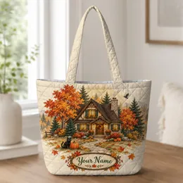 Autumn Cottage, Black Cat and Pumpkins for Cozy Fall Halloween Outings Quilted Tote Bag