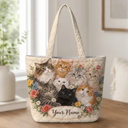 Colorful Cat Family and Garden Blooms for Cat Lovers and Cozy Everyday Style Quilted Tote Bag