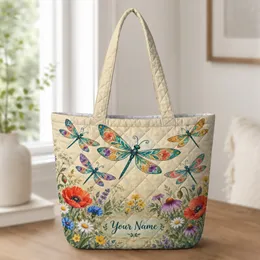 Colorful Dragonfly Wildflower Garden for Cottagecore Home Organization and Nature Lovers Quilted Tote Bag